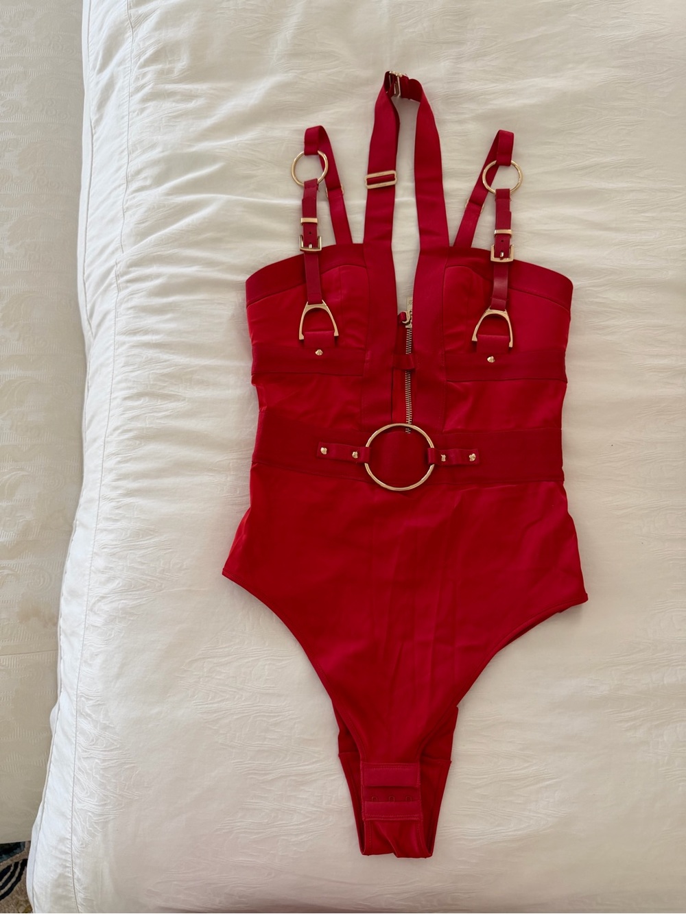 Honey Birdette Red bodysuit with Gold Ring Hardware